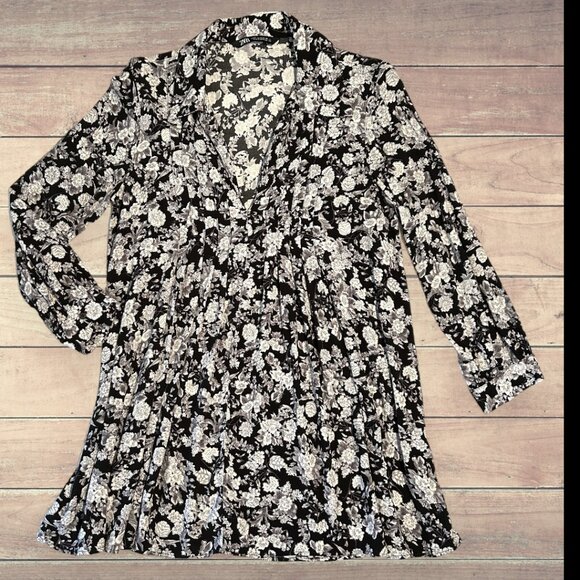 Zara black floral print open collar mini dress - Picture 3 of 12